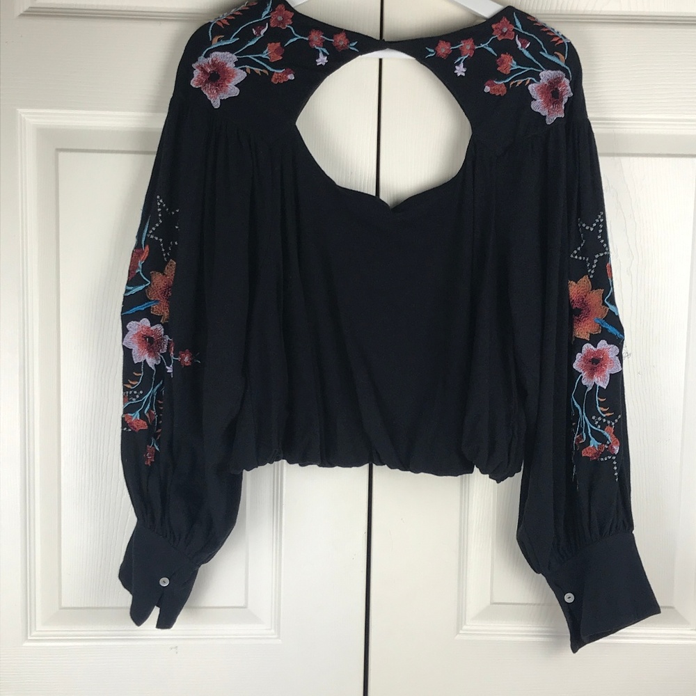 Free People Top Lita Embroidered Bell Sleeve Black - Picture 3 of 8